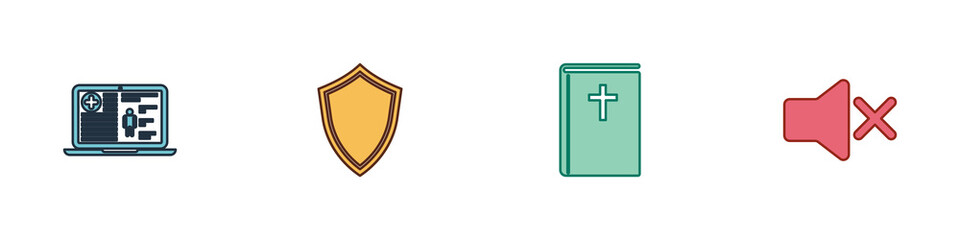 Obraz premium Set Medical clinical record, Shield, Holy bible book and Speaker mute icon. Vector