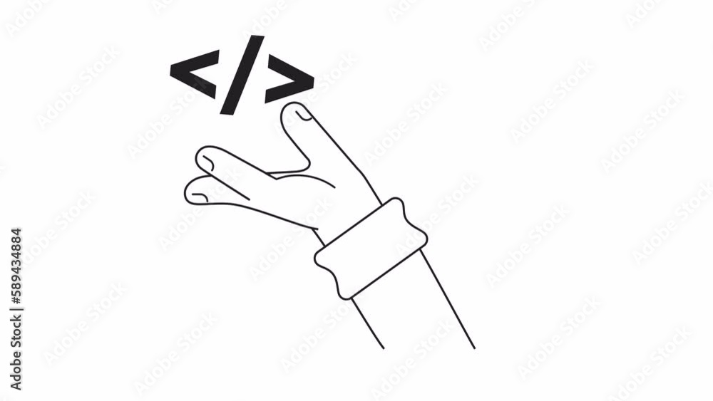 Poster animated mono angle brackets on hand. coding project. 2d black and white flat character hand 4k vide