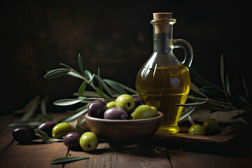 Olive oil with fresh olives on rustic wood close up