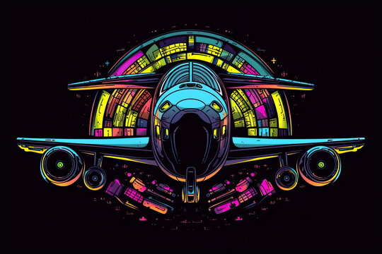 Jet plane pop art logo. Aircraft colorful design with dark background