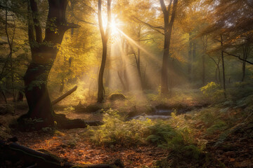 Magical forest landscape with sunbeam lighting up the golden foliage
