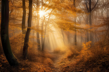Obraz premium Magical forest landscape with sunbeam lighting up the golden foliage