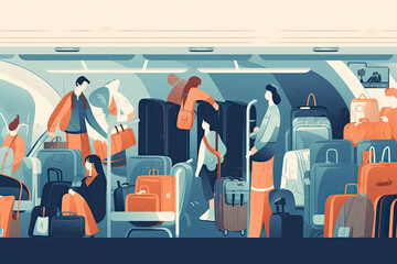 Passenger placing hand luggage, bag on overhead bin in airplane. Angry people waiting in air plane aisle while man putting carry-on baggage on shelf - obrazy, fototapety, plakaty