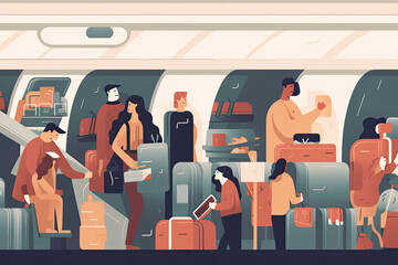 Passenger placing hand luggage, bag on overhead bin in airplane. Angry people waiting in air plane aisle while man putting carry-on baggage on shelf