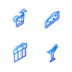 Set Isometric line Piece of cake, Cocktail, Gift box and Martini glass icon. Vector