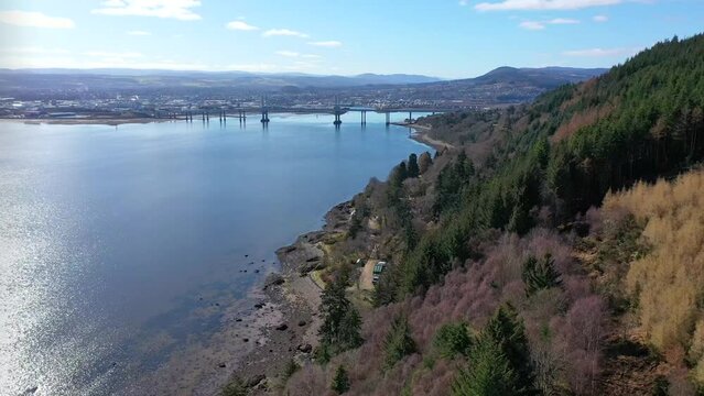 Aerial shot of Inverness from coastal forest, Scotland