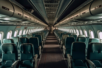 Interior of an airplane cabin with comfortable seats, overhead compartments
