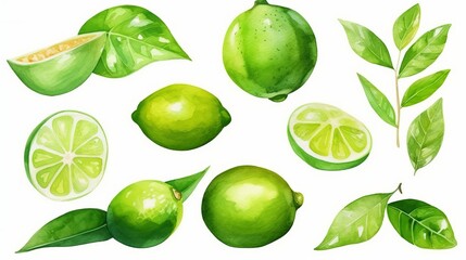 Fresh green limes and leaves, watercolor fruit Generative AI