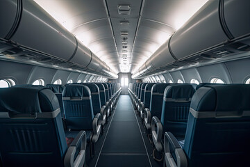 Fototapeta premium Interior of an airplane cabin with comfortable seats, overhead compartments