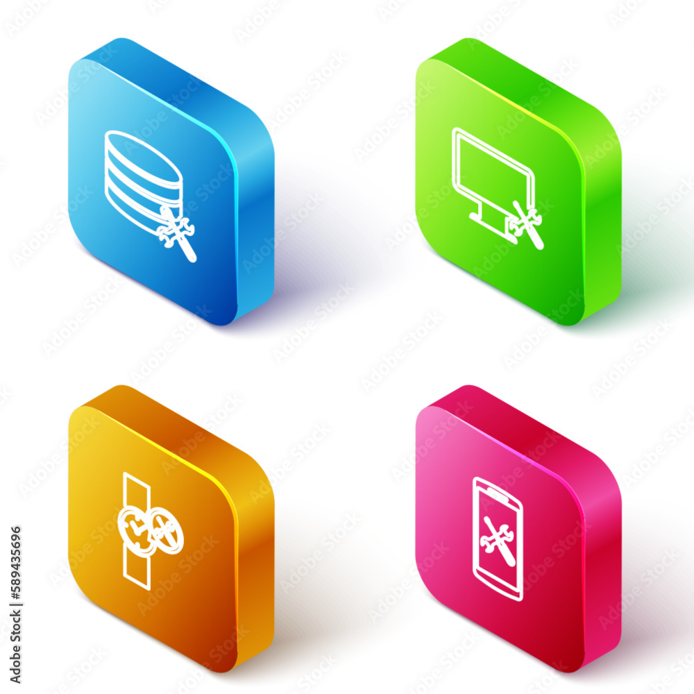 Poster set isometric line database server service, computer monitor, wrist watch and smartphone icon. vecto