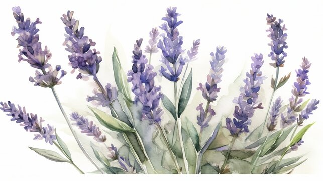 Lavender watercolor background . Delicate floral bouquet on white background Generative AI