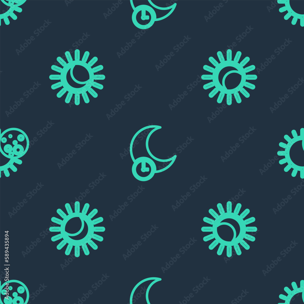 Poster set line sleeping moon, eclipse of the sun and on seamless pattern. vector