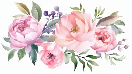 Watercolor bouquet with roses and peony flowers Generative AI
