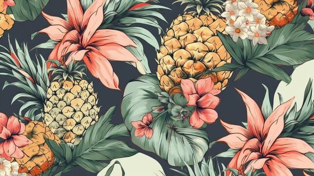 vintage seamless tropical flowers with pineapple pattern background Generative AI