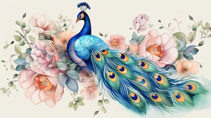 Fototapeta premium Watercolor peacock with flowers Generative AI