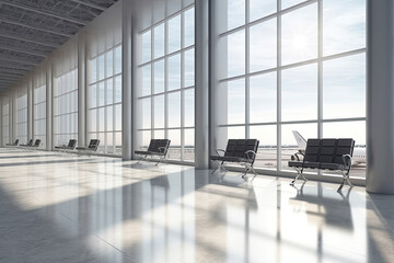 Fototapeta na wymiar Travel and holidays concept with side view on light empty seat rows in sunlit spacious airport