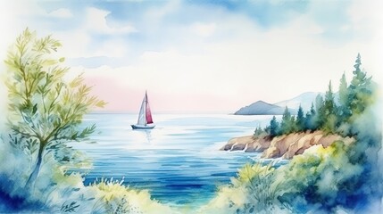 Watercolor summer landscape with the sea and sailing Generative AI - obrazy, fototapety, plakaty