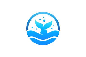 Whale and water wave flat logo design in blue color gradient