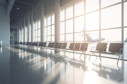 Travel and holidays concept with side view on light empty seat rows in sunlit spacious airport