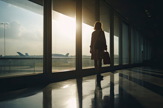 travel concept, people in the airports ,Silhouette of young girl with luggage walking at airport, women showing something through the window,selective focus,vintage tone color