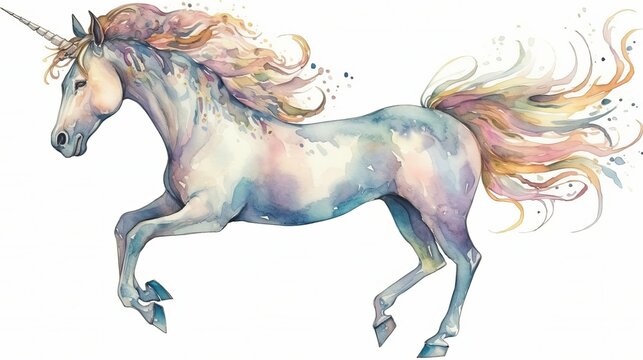 watercolor unicorn illustration, fairy tale creature Generative AI