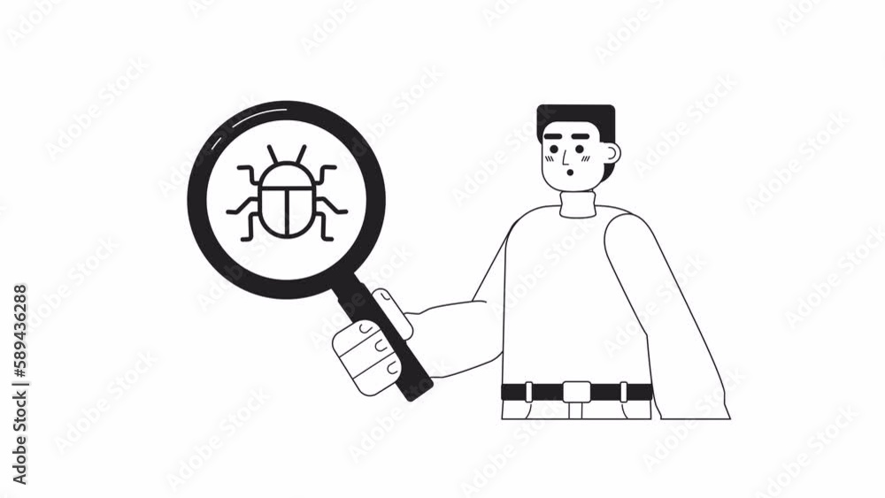 Poster animated mono bug tester. man with magnifying glass. find mistakes. 2d black and white flat characte