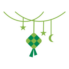 illustration of set ketupat or rhombus rice dumpling with star and crescent moon and hanging rope decoration for ramadan and eid celebration flat design vector illustration