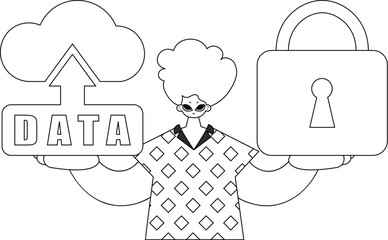 Man gripping cloud storage emblem for IoT, linear vector style