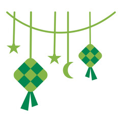 arrangement of ketupat or rhombus rice dumpling with star and crescent moon with hanging rope decoration for ramadan or eid celebration flat design illustration