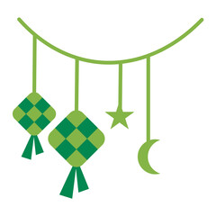 twin hanging rice dumpling or ketupat with star and crescent moon with hanging rope decoration for ramadan or eid event celebration flat design illustration style