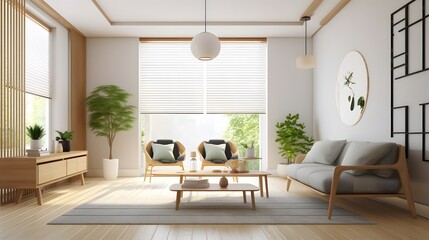 Fototapeta premium Discover stunning home interior designs in Japanese style with wall mockup in living room background through this captivating digital illustration. Generative AI