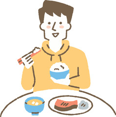和食を食べている一人暮らしの男性_色 - obrazy, fototapety, plakaty