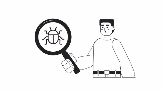 Animated mono bug tester. Man with magnifying glass. Find mistakes. 2D black and white flat character 4K video footage with alpha channel transparency. Thin line art concept animation for web design