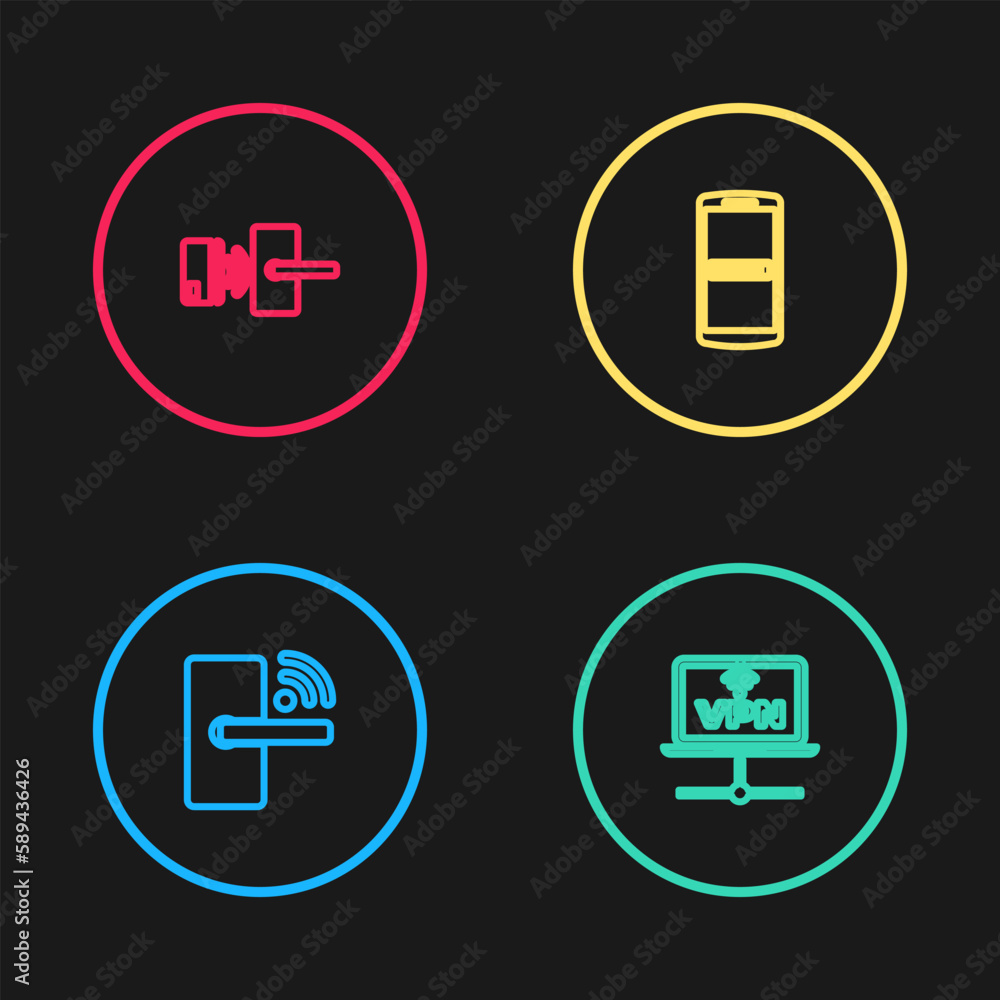 Poster set line digital door lock with wireless, vpn computer network, mobile and password and icon. vector
