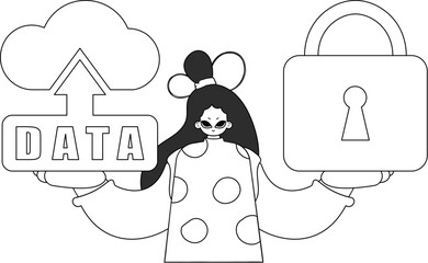 Girl holds cloud storage icon symbolizing Internet of Things, rendered with vector linework