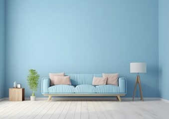 Modern elegance to your living space with our stunning blue wall living room wooden floor minimalist style digital illustration - a perfect blend of simplicity. Generative AI