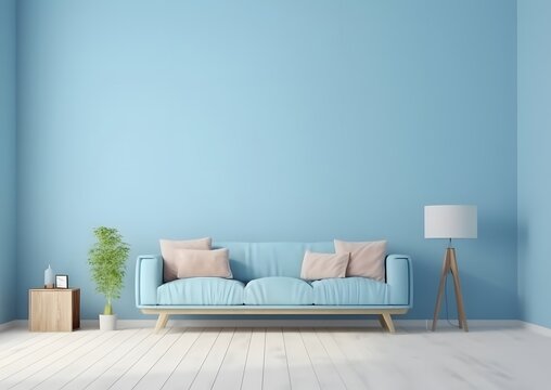 Modern elegance to your living space with our stunning blue wall living room wooden floor minimalist style digital illustration - a perfect blend of simplicity. Generative AI © DARIKA