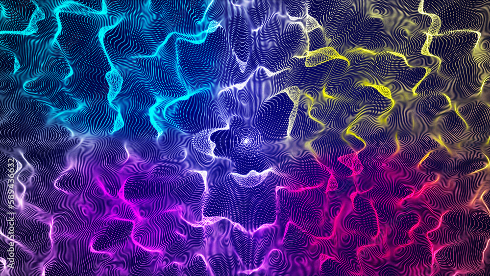 Poster equalizer for music. particle wave music. abstract sound visualization. abstract futuristic illustra