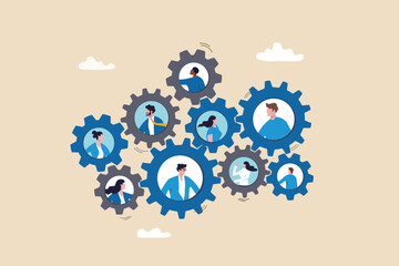 Team or organization, office role or job position or skills to drive company, teamwork or collaboration for success, team effort concept, business people working to rotate connected cogwheels gear. - obrazy, fototapety, plakaty