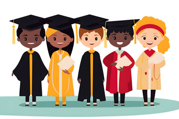 Illustration of diverse students in graduation hats and mantles. Graduation and education concept. Generated AI