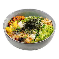 portion of eel poke bowl with chickpeas
