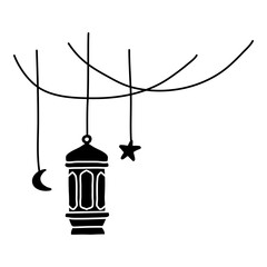 doodle hand drawn silhouette of lantern with crescent moon and star with decoration cable as ornament