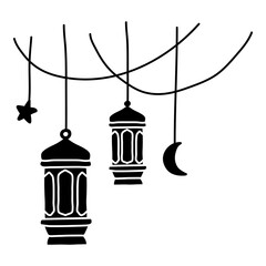 silhouette of lamp and lantern with crescent moon and star for decoration ramadan and eid illustration glyph vector