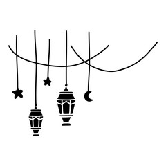 illustration of a lantern and crescent moon and star with decoration cable glyph style illustration for ramadan and eid event day