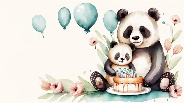 Happy Mother's Day. Cute mother and baby panda together. Watercolor Vector illustration. Generated AI
