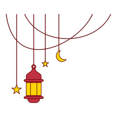 shining red lamp lantern with stars and crescent moon and decoration cable illustration flat design style