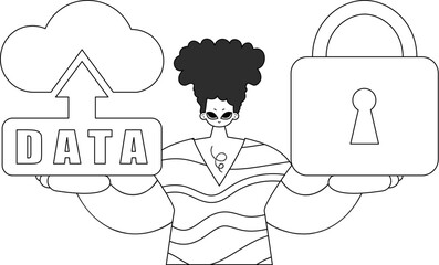 Guy holding logo of cloud storage for the Internet of Things, in a vector linear style