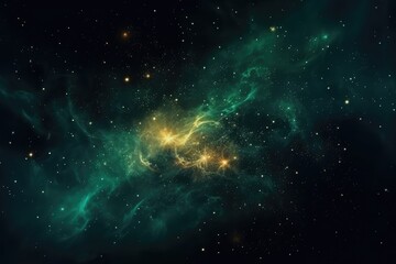 Obraz na płótnie Canvas Cosmic Emerald: A mystical void of green and gold, adorned with stars and galaxies 7