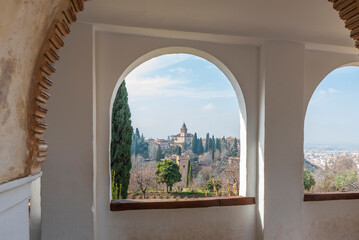 Photographs taken from various angles of the Al-Hamra palace in Granada, Andalusia, Spain.