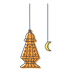 single orange hanging lamp and crescent moon illustration for ramadan and eid celebration ornament